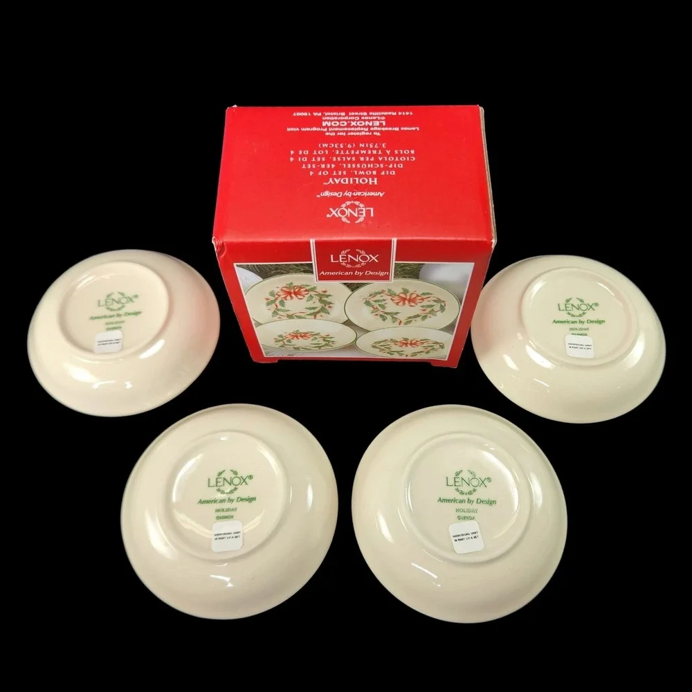 Lenox Holiday Holly Dip Bowls Christmas Set of 4 Red Bow Dipping Bowls New in Bx